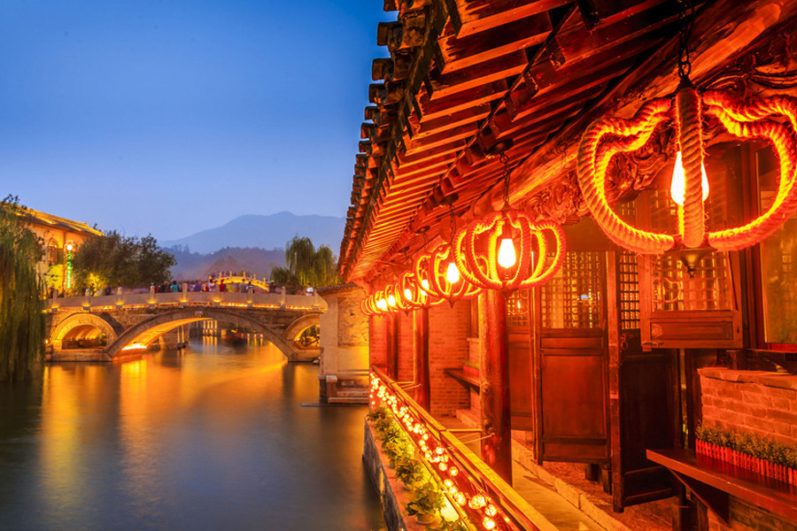 Picturesque night view of Gubei Water Town in Beijing