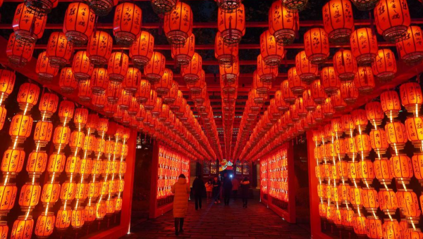 People enjoy light installations to celebrate upcoming Latern Festival in E China