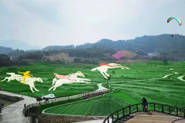 Equestrian-themed patterns carved out of terraced fields in Tonglu