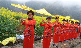 Ladies present 'qipao' in rapeseed flowers in Longquan
