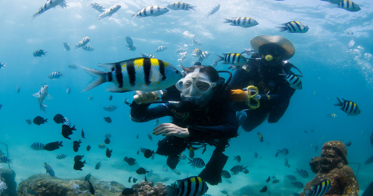 Tourists enjoy diving at Boundary Island Tourist Attraction in Hainan