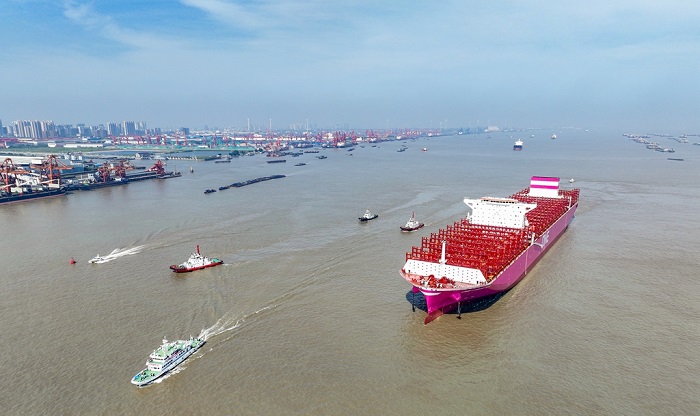 Newly built container ship on trial voyage