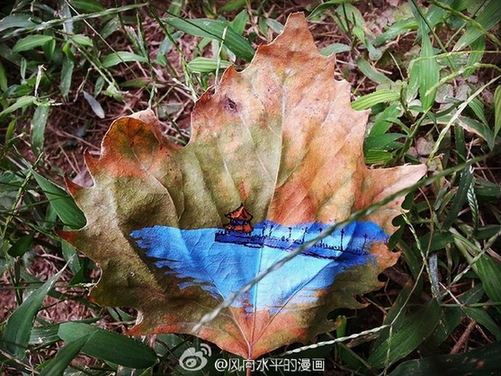 Paintings on fallen leaves showcase city beauty