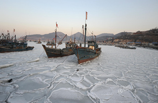 Ships trapped in frozen sea in Yantai