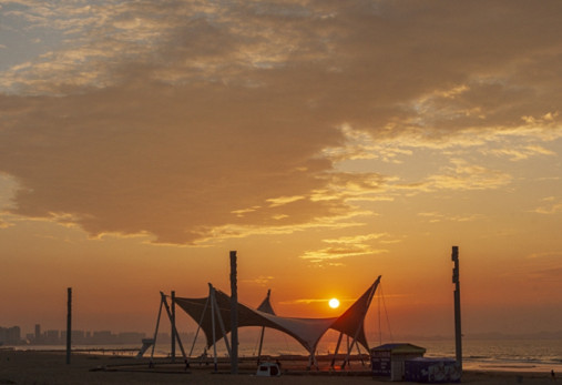 Sunset view at Golden Beach scenic area in Yantai