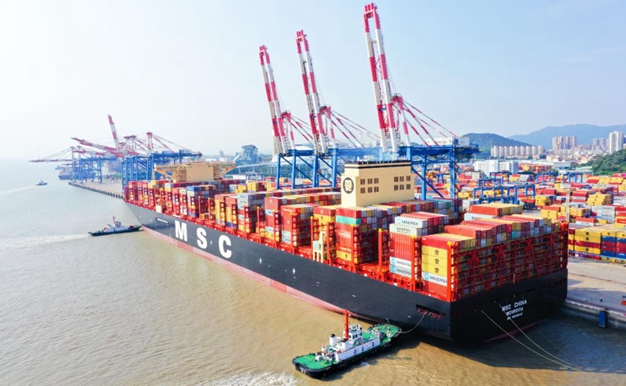World's largest container ship, MSC China, docks at Xiamen Port
