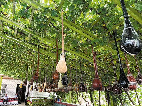 Many instruments hang from the grape trellis in the yard of Nurdun Ismayil, a young craftsman in Jiayi village.[Photo by Xing Wen China Daily].jpg