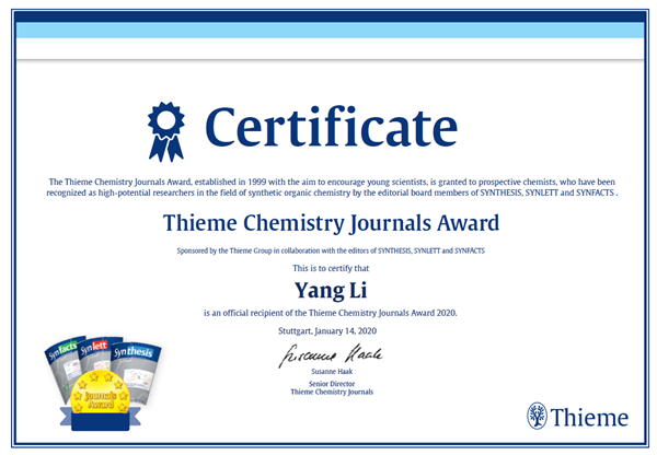 Li Yang wins the Thieme Chemistry Journals Award