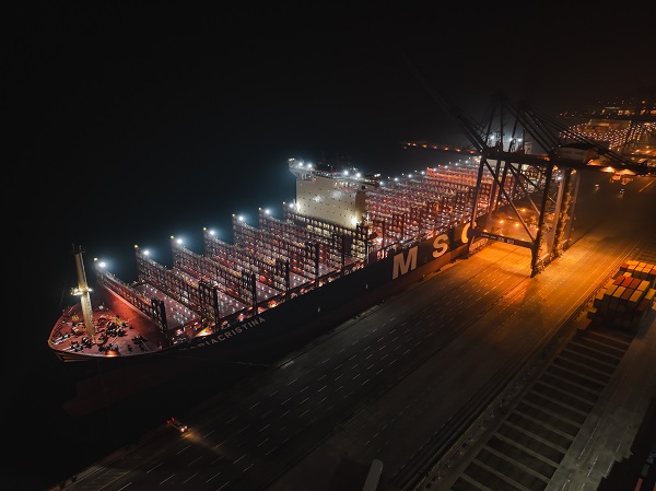 Giant container ship Maria Christina sails from Dalian Port